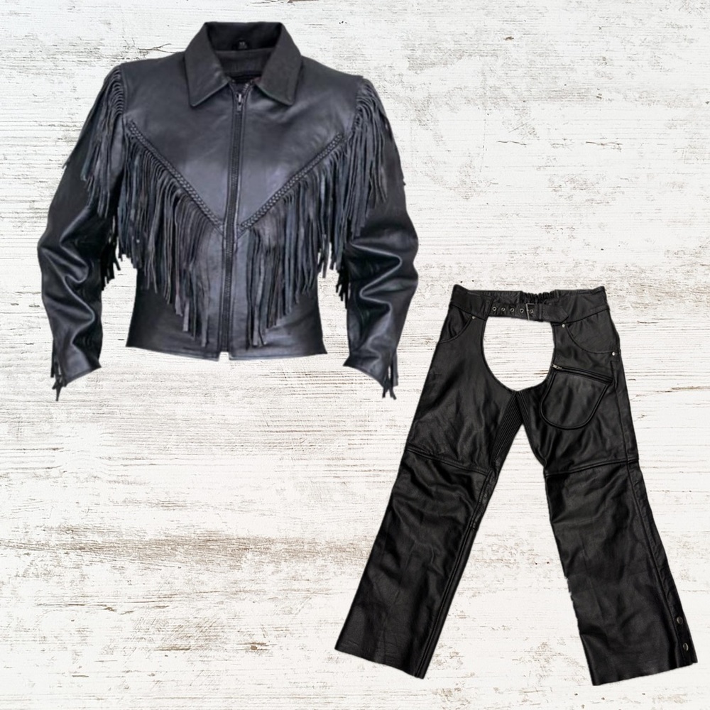 Black Fringe Leather Jacket and Chaps Set